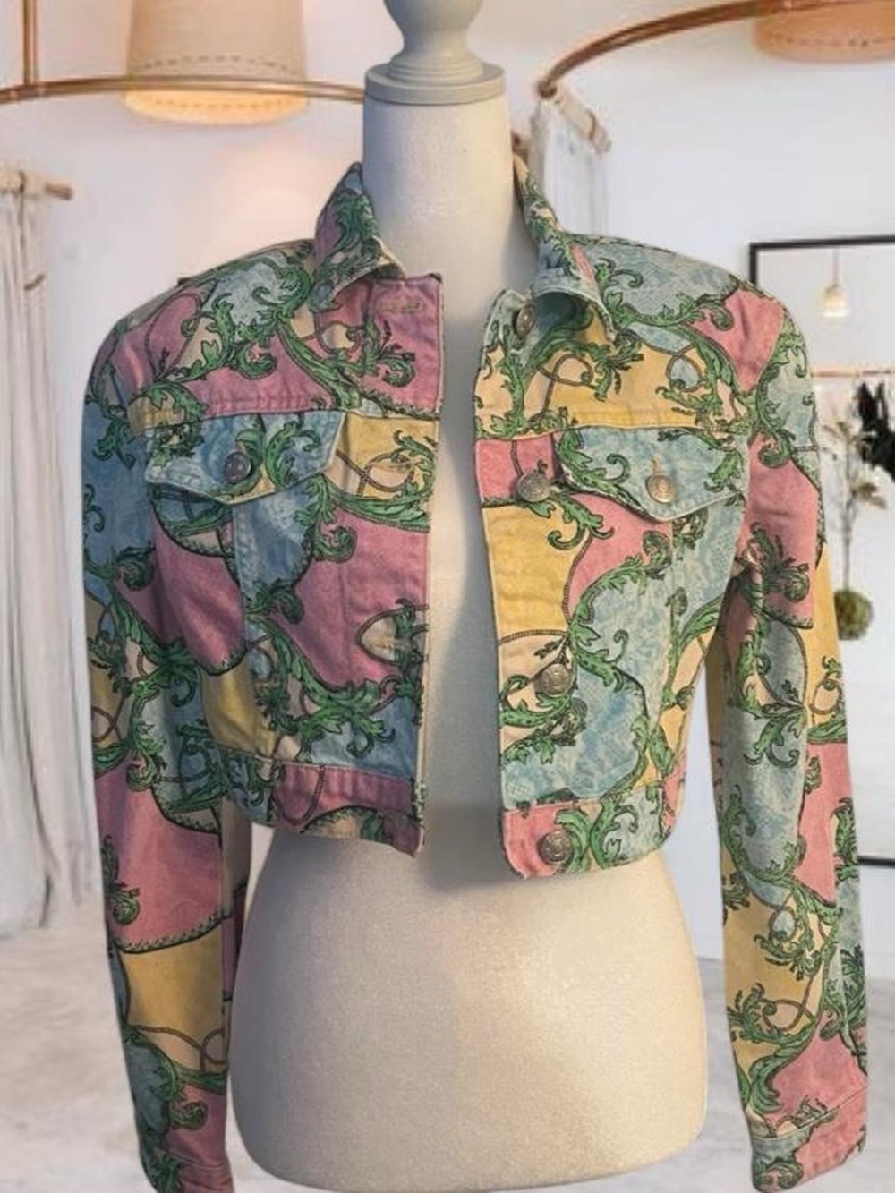 Bershka Cropped Pastel Multi-Print Denim Jacket